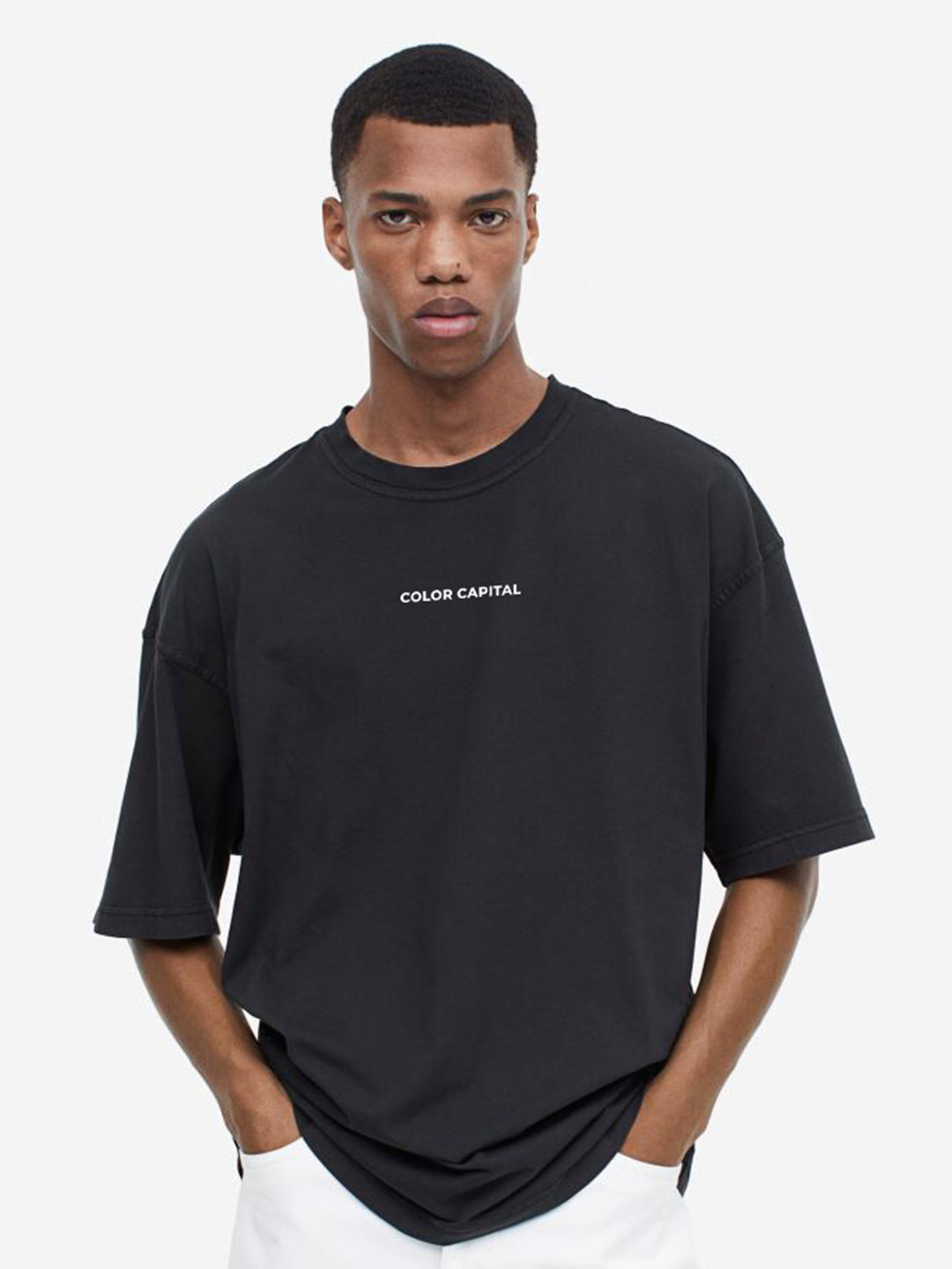 

COLOR CAPITAL Typography Printed Oversized Cotton T-shirt, Black