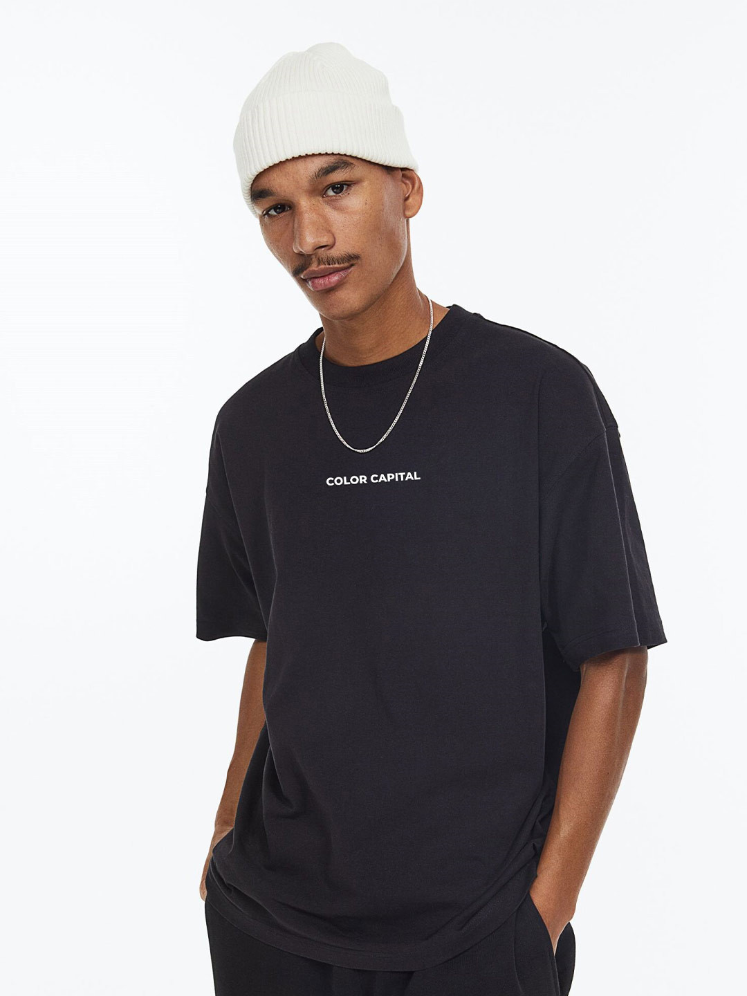 

COLOR CAPITAL Typography Printed Oversized Pure Cotton T-shirt, Black