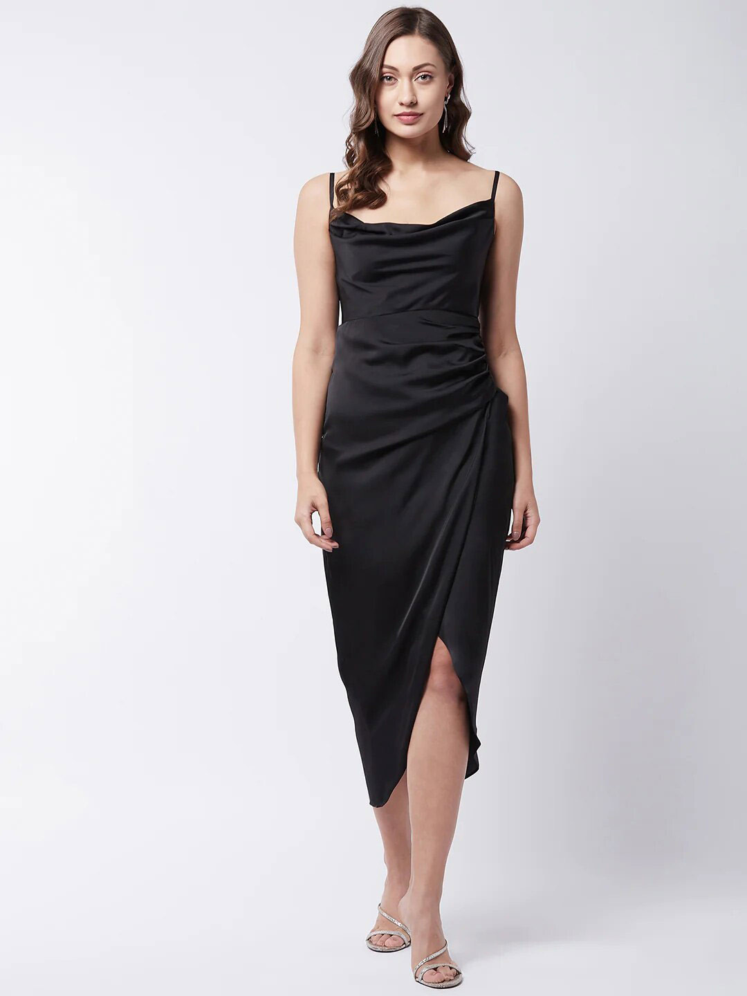 

COLOR CAPITAL Shoulder Straps Satin Sheath Midi Dress, Black
