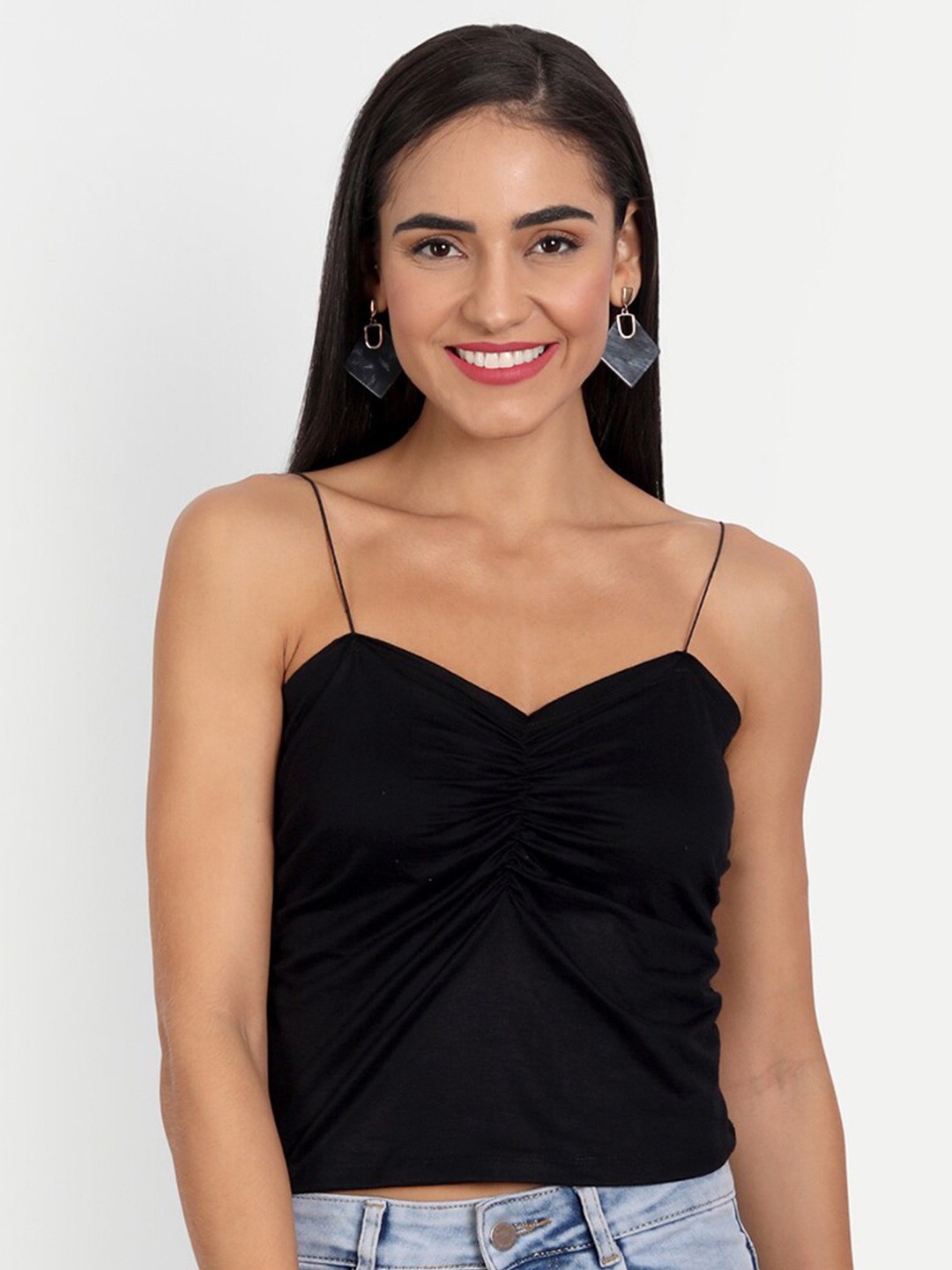 

COLOR CAPITAL Shoulder Straps Ruched Top, Black