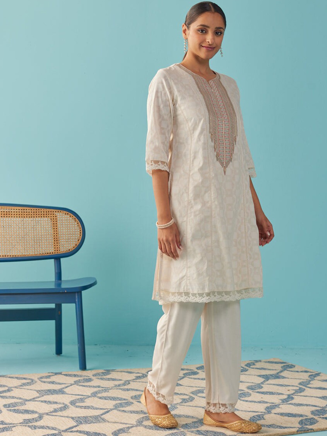 

Lakshita Yokes Design Embroidered Regular Sequinned Pure Cotton Kurta With Trousers, White