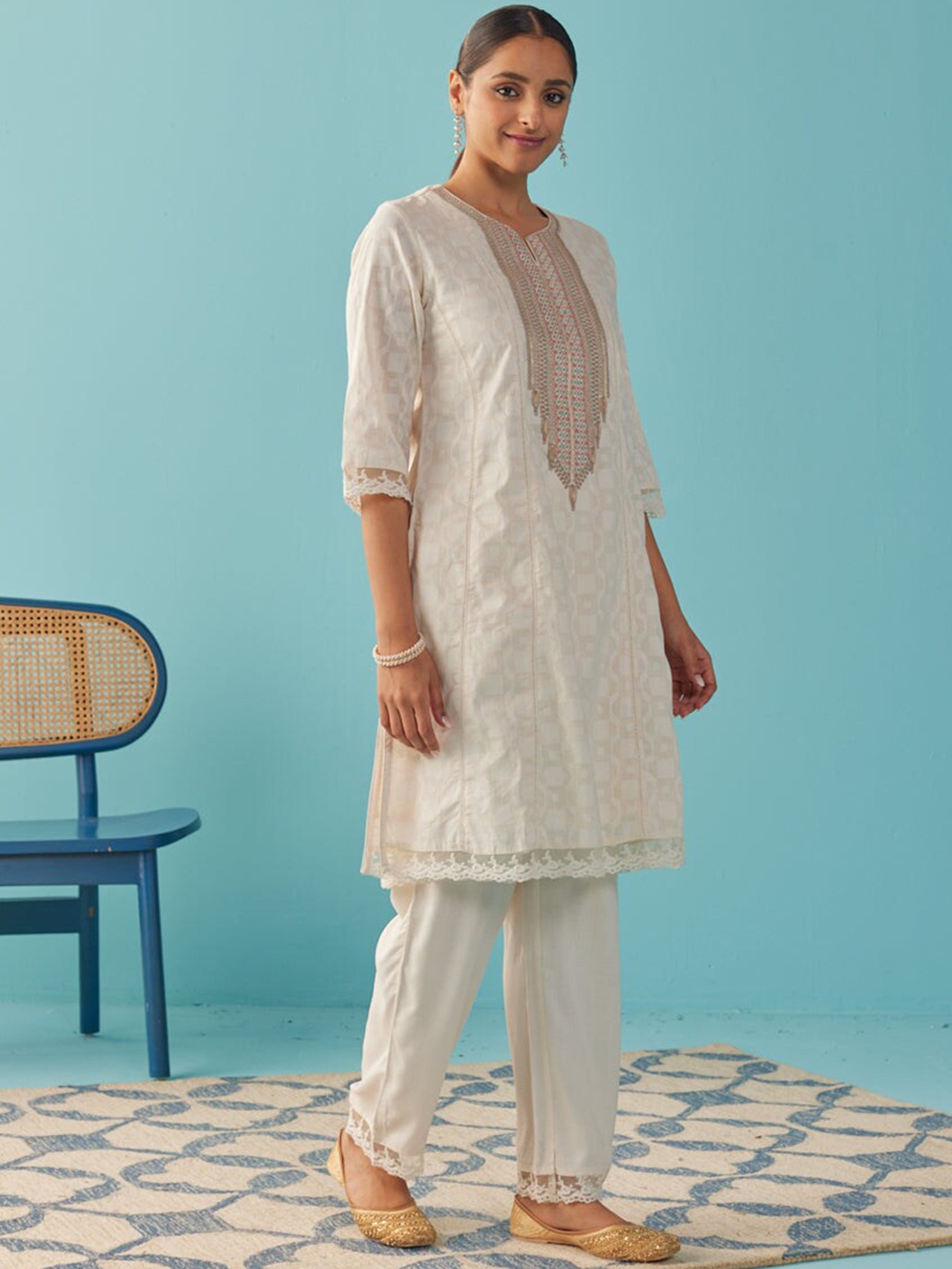 

Lakshita Yokes Design Embroidered Regular Sequinned Pure Cotton Kurta With Trousers, White