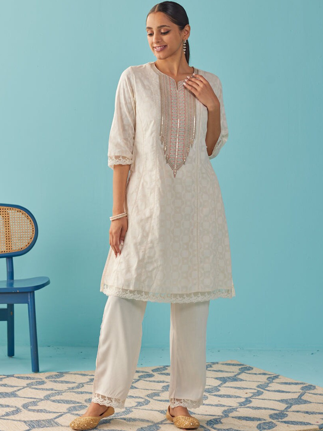 

Lakshita Yokes Design Embroidered Regular Sequinned Pure Cotton Kurta With Trousers, White