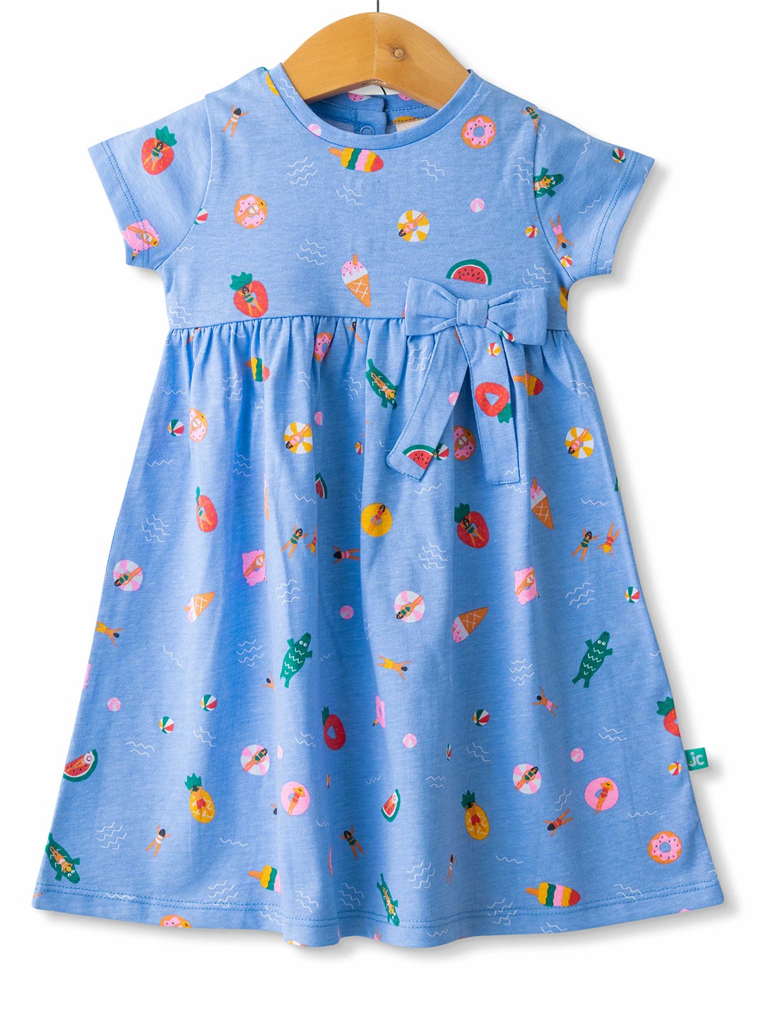 

JusCubs Girls Conversational Printed Bow Cotton A-Line Dress, Blue