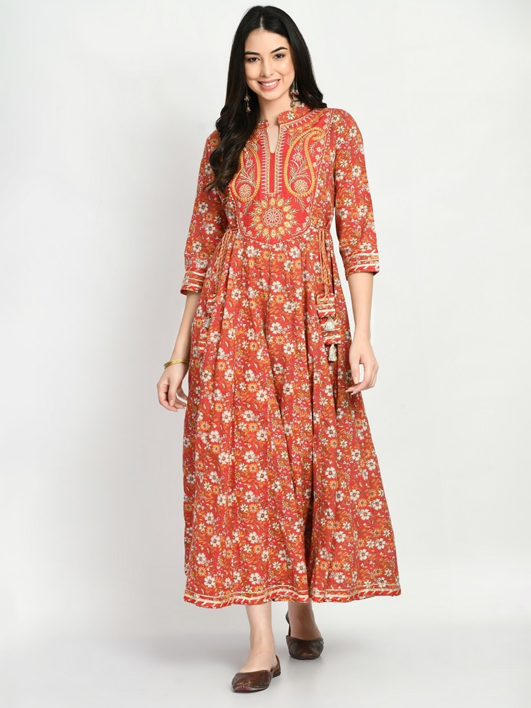 

MAFE Floral Printed Mandarin Collar Embroidered Tie-Ups Detail Cotton Fit & Flare Dress, Red