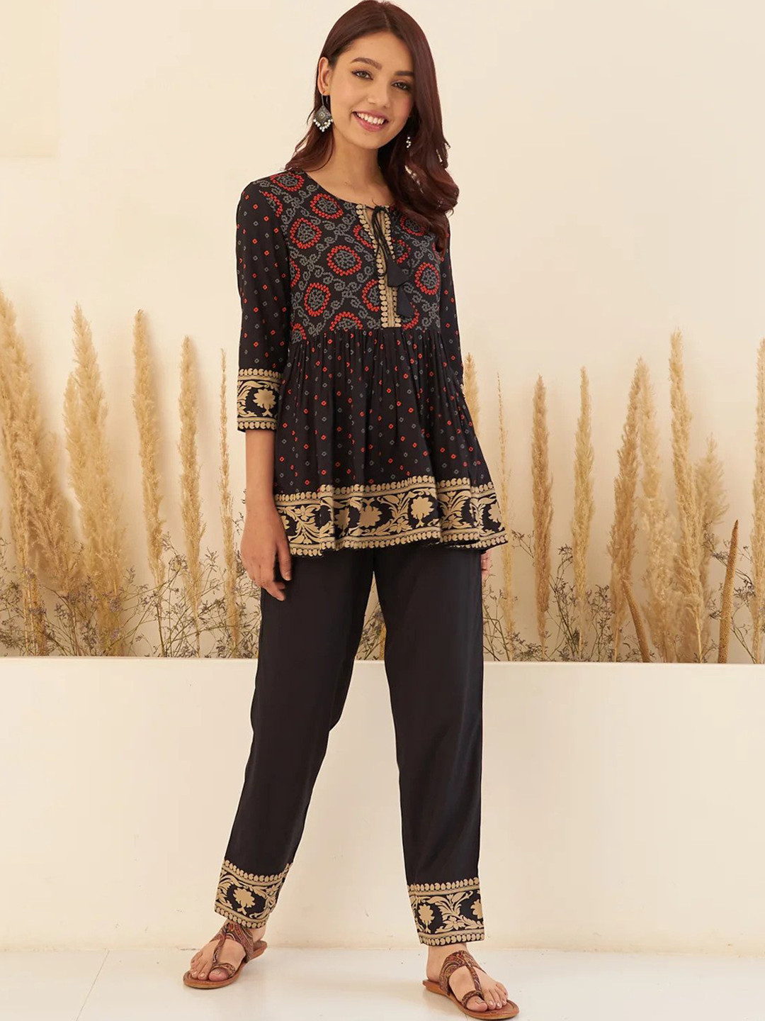 

MAFE Bandhani Printed Round Neck Top with Trousers, Black
