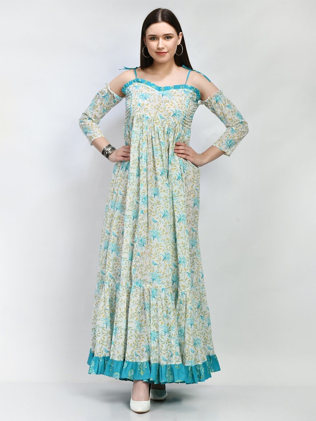 

MAFE Floral Printed Shoulder Strap Tiered Gathered Cotton Maxi Dress, White