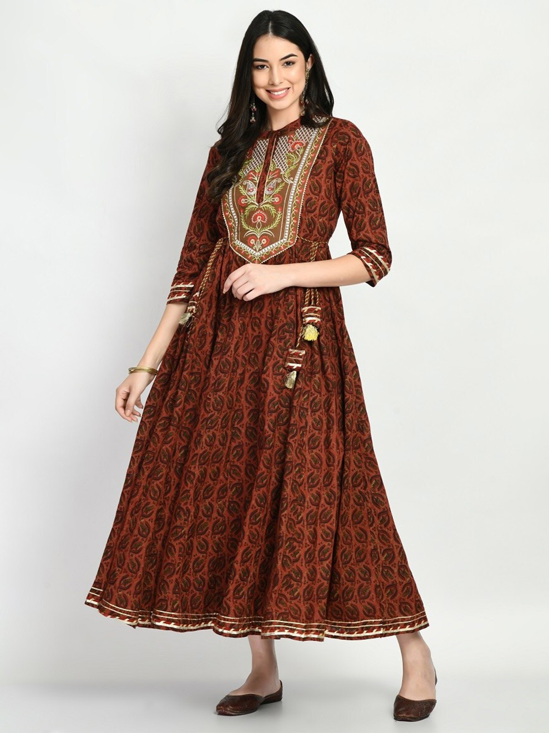 

MAFE Ethnic Motifs Printed Mandarin CollarEmbroidered Cotton Maxi Dress, Maroon