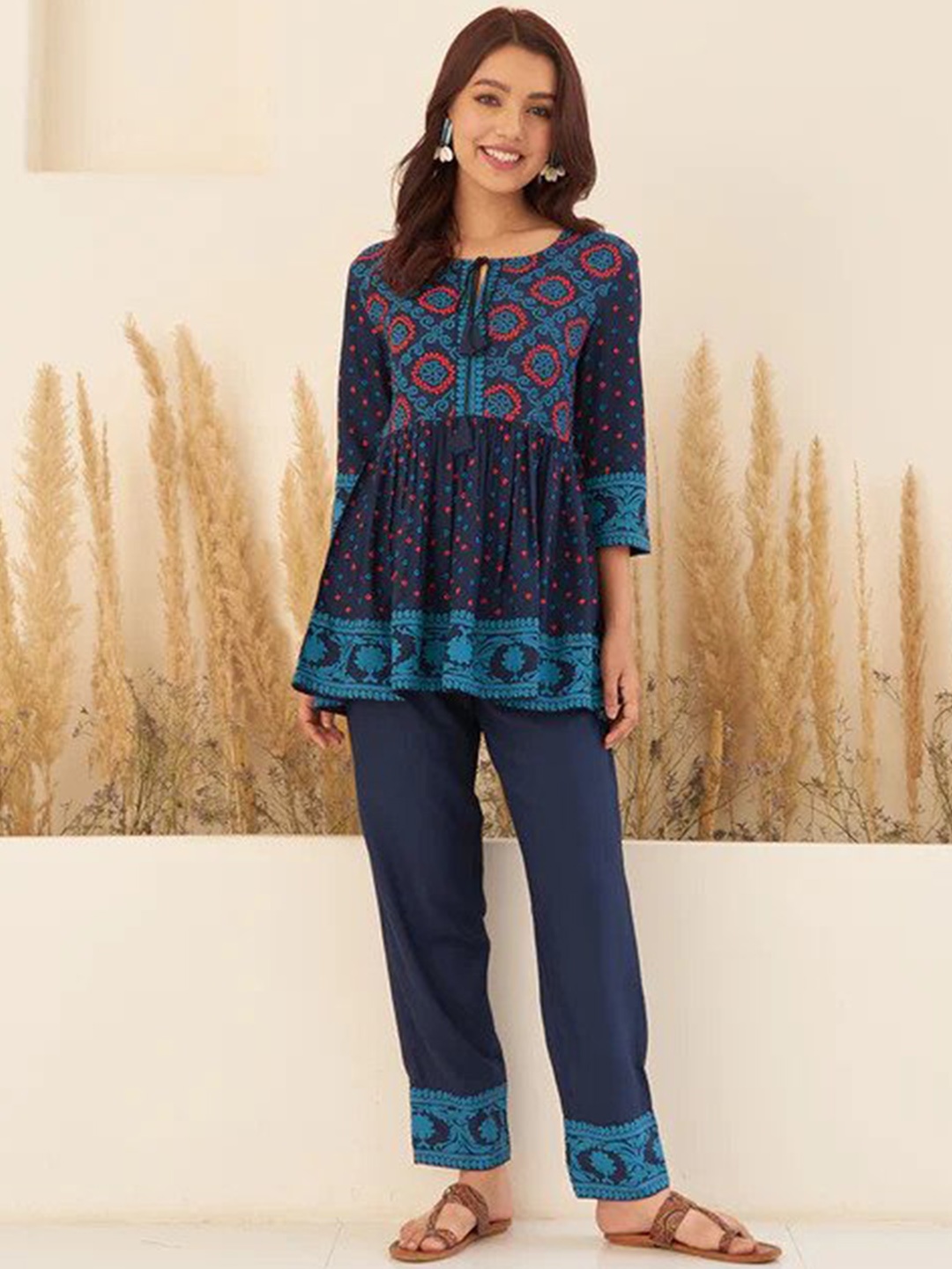 

MAFE Bandhani Printed Round Neck Top with Trousers, Blue