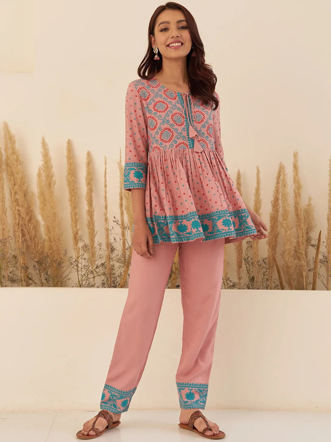 

MAFE Bandhani Printed Round Neck Top with Trousers, Peach