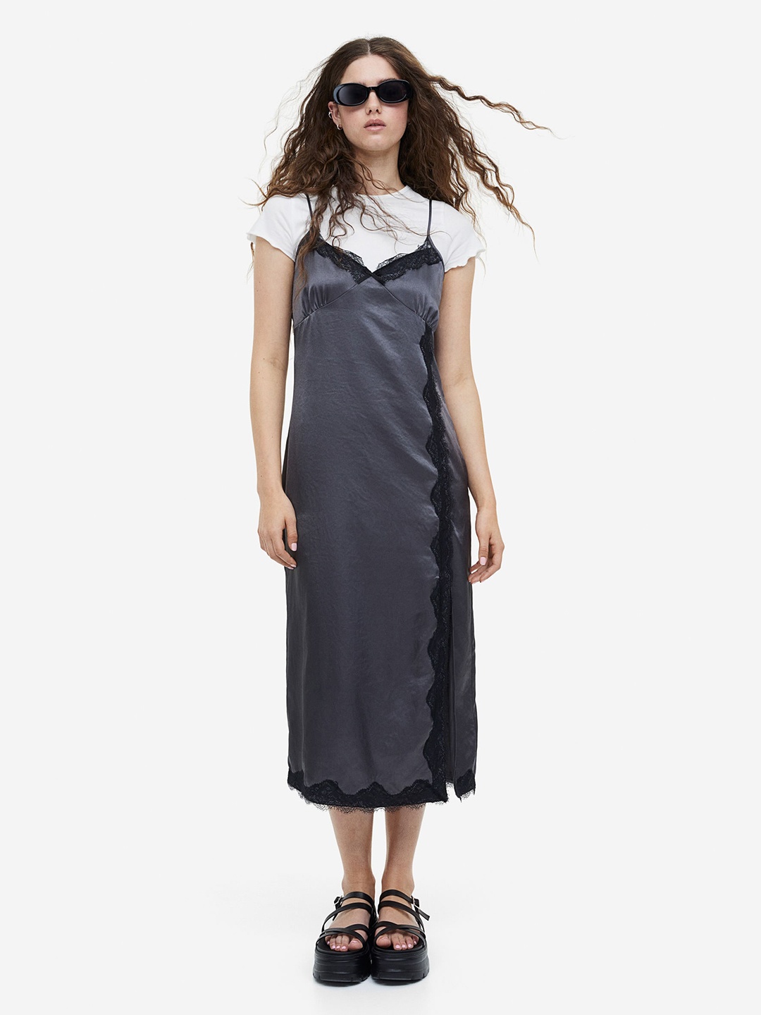

H&M Lace-Trimmed Satin Slip Dresses, Grey
