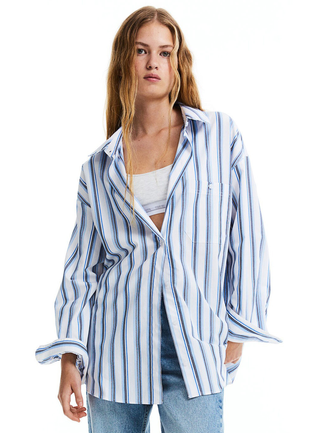 

H&M Pure Cotton Oversized Poplin Shirt, Blue