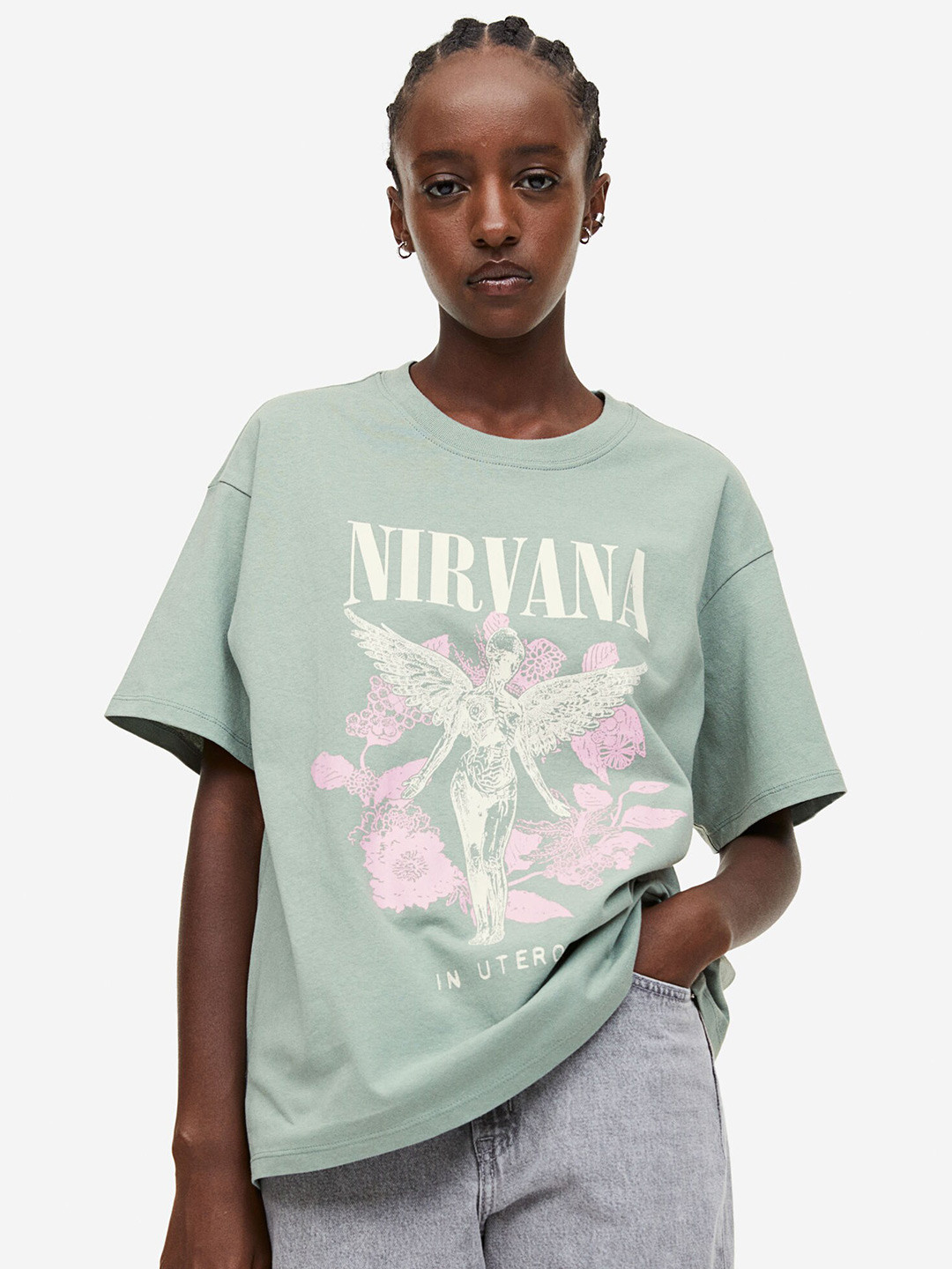 

H&M Pure Cotton Oversized Printed T-shirt, Green