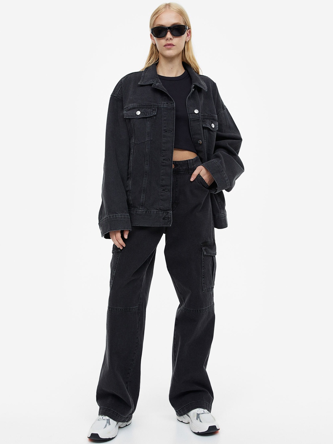 

H&M Pure Cotton Oversized Denim Jacket, Black