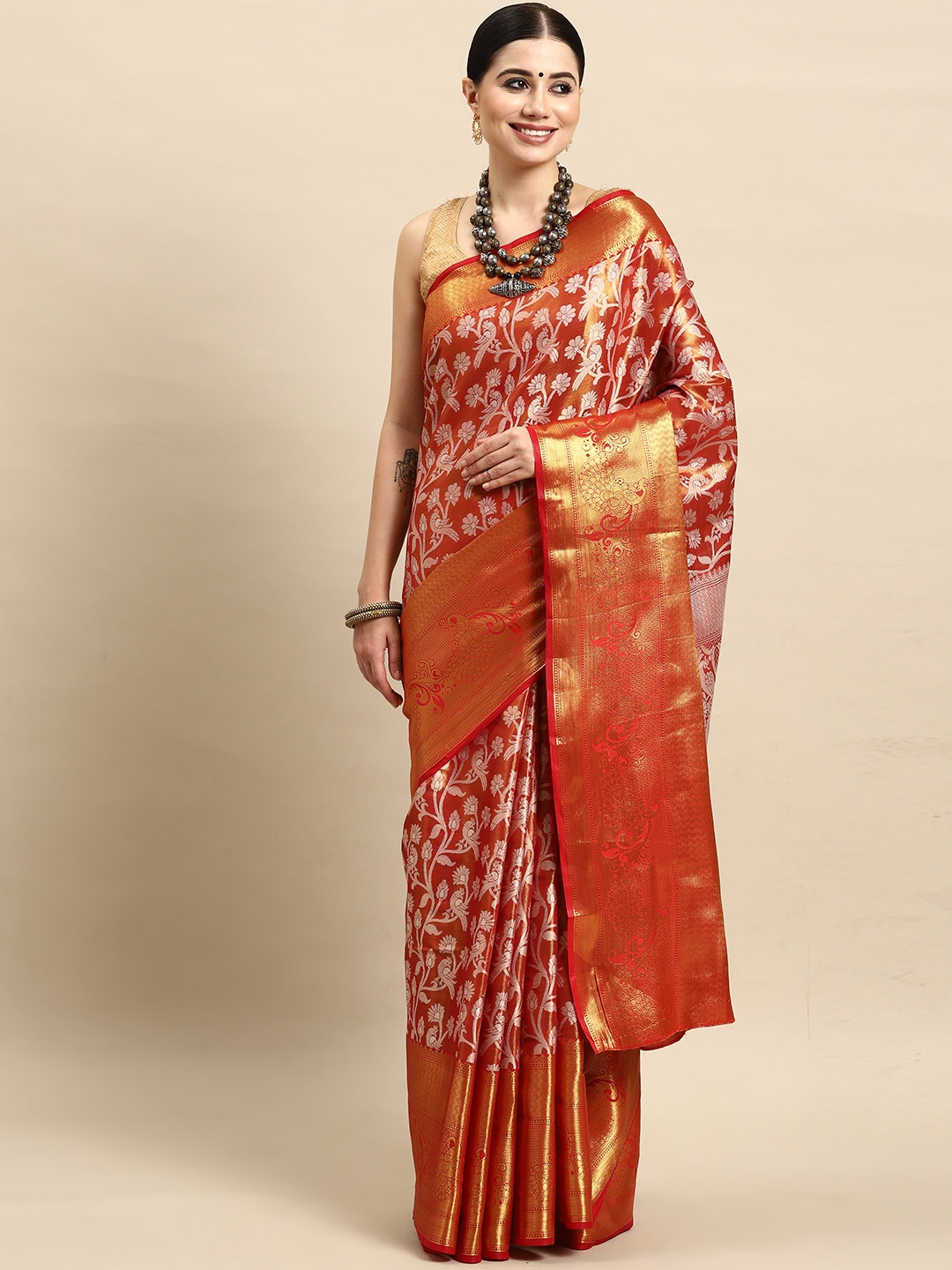 

Silk Land Floral Printed Brocade Banarasi Saree, Orange