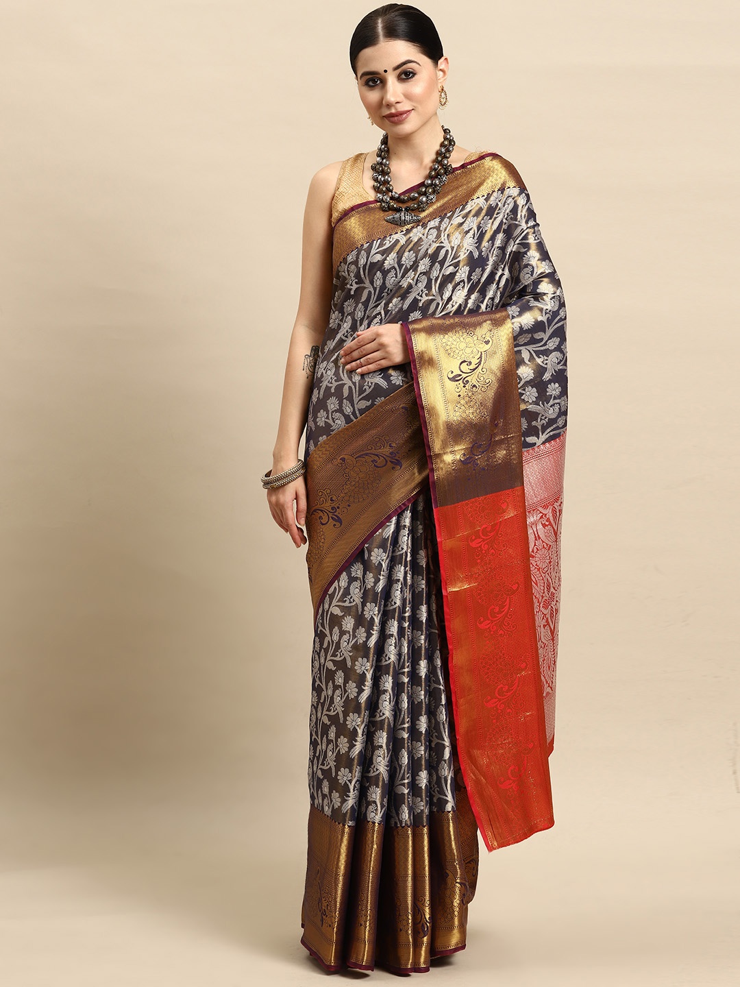 

Silk Land Floral Printed Brocade Banarasi Saree, Brown