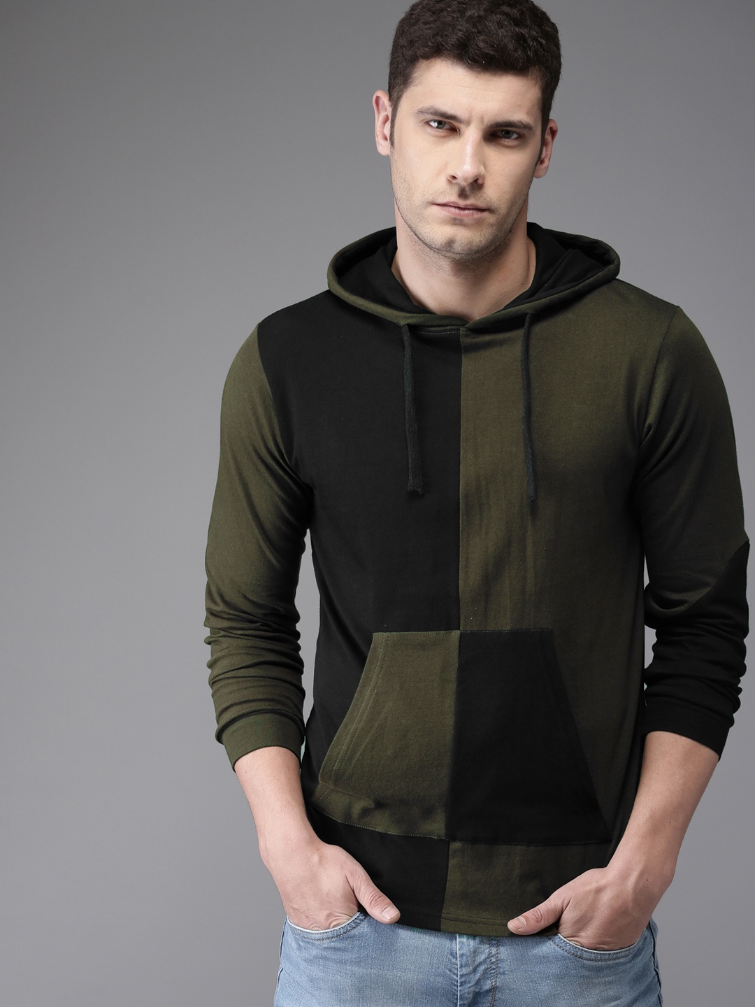

HERE&NOW Men Olive Green& Black Colourblocked Hood T-shirt