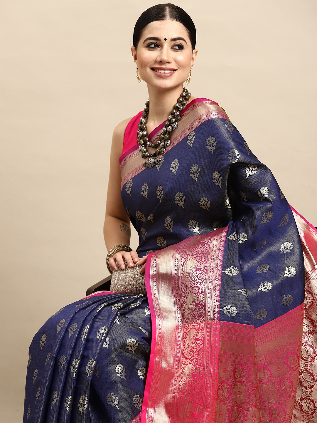 

Silk Land Ethnic Motifs Woven Design Art Silk Banarasi Saree, Navy blue