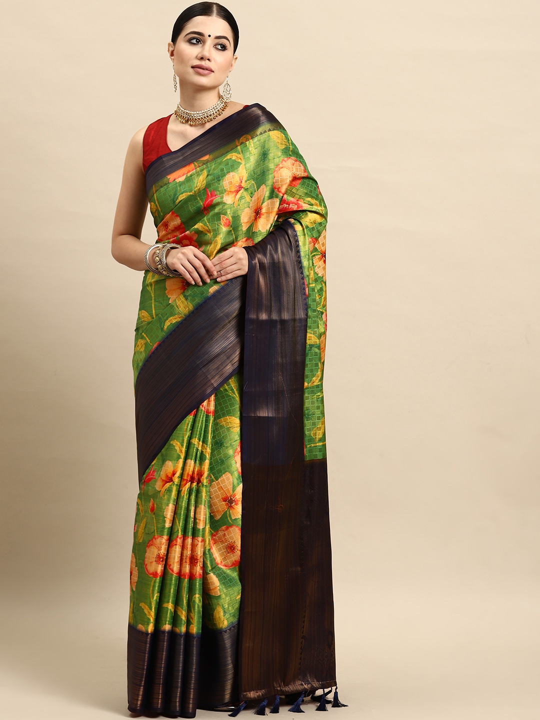 

Silk Land Floral Printed Art Silk Kanjeevaram Saree with Tasselled Detail, Green