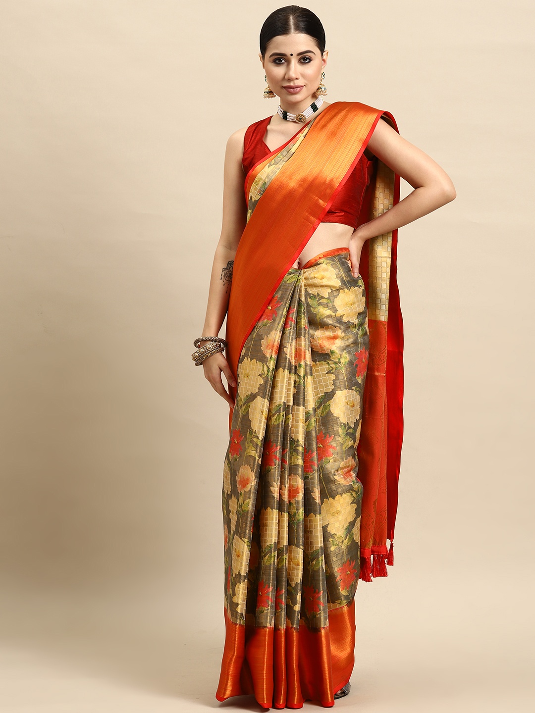 

Silk Land Floral Printed Art Silk Kanjeevaram Saree with Tasselled Detail, Green