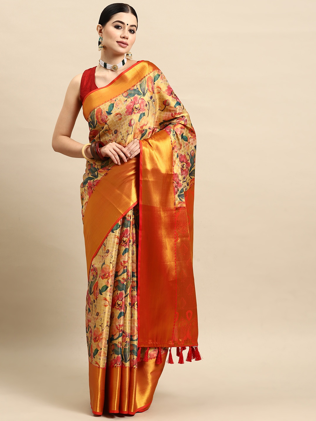 

Silk Land Floral Printed Art Silk Kanjeevaram Saree, Orange