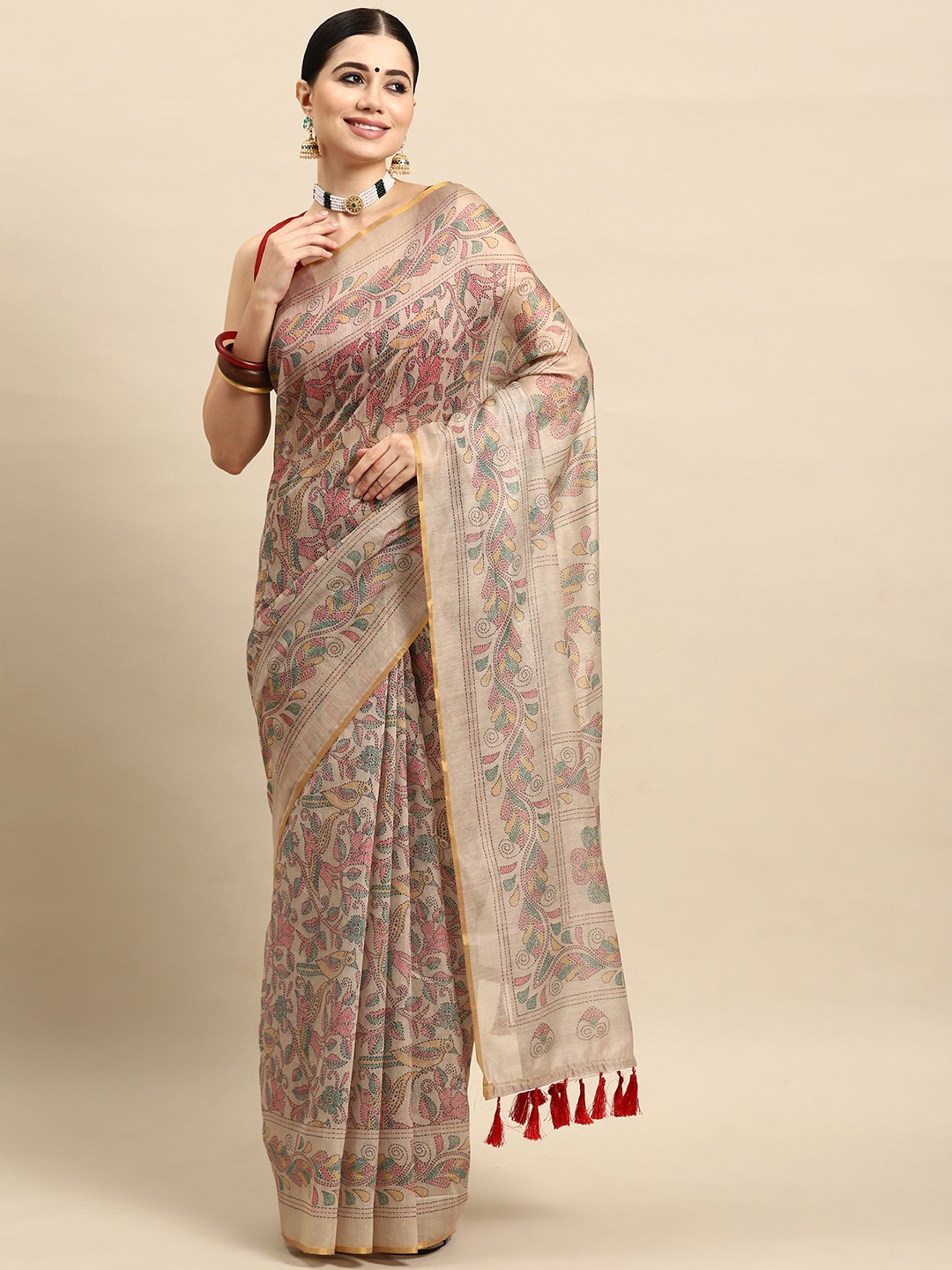 

Silk Land Kalamkari Chanderi Cotton Digital Print Saree with Tasselled, Beige