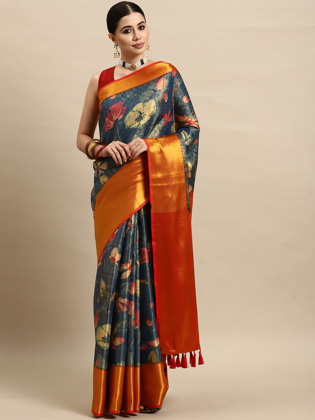 

Silk Land Floral Printed Art Silk Kanjeevaram Saree with Blouse Piece, Navy blue