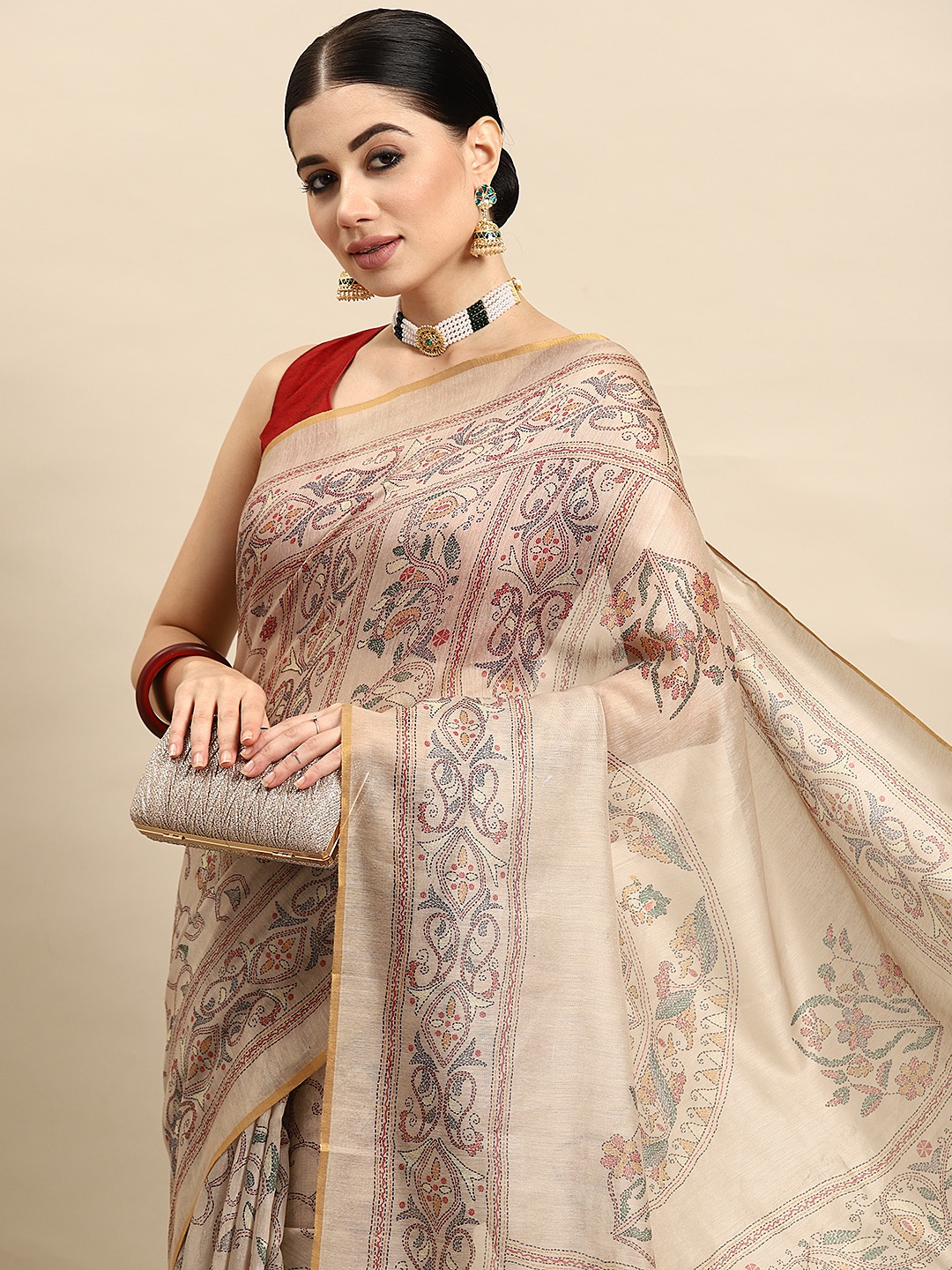 

Silk Land Kalamkari Chanderi Cotton Digital Print Saree with Tasselled, Beige