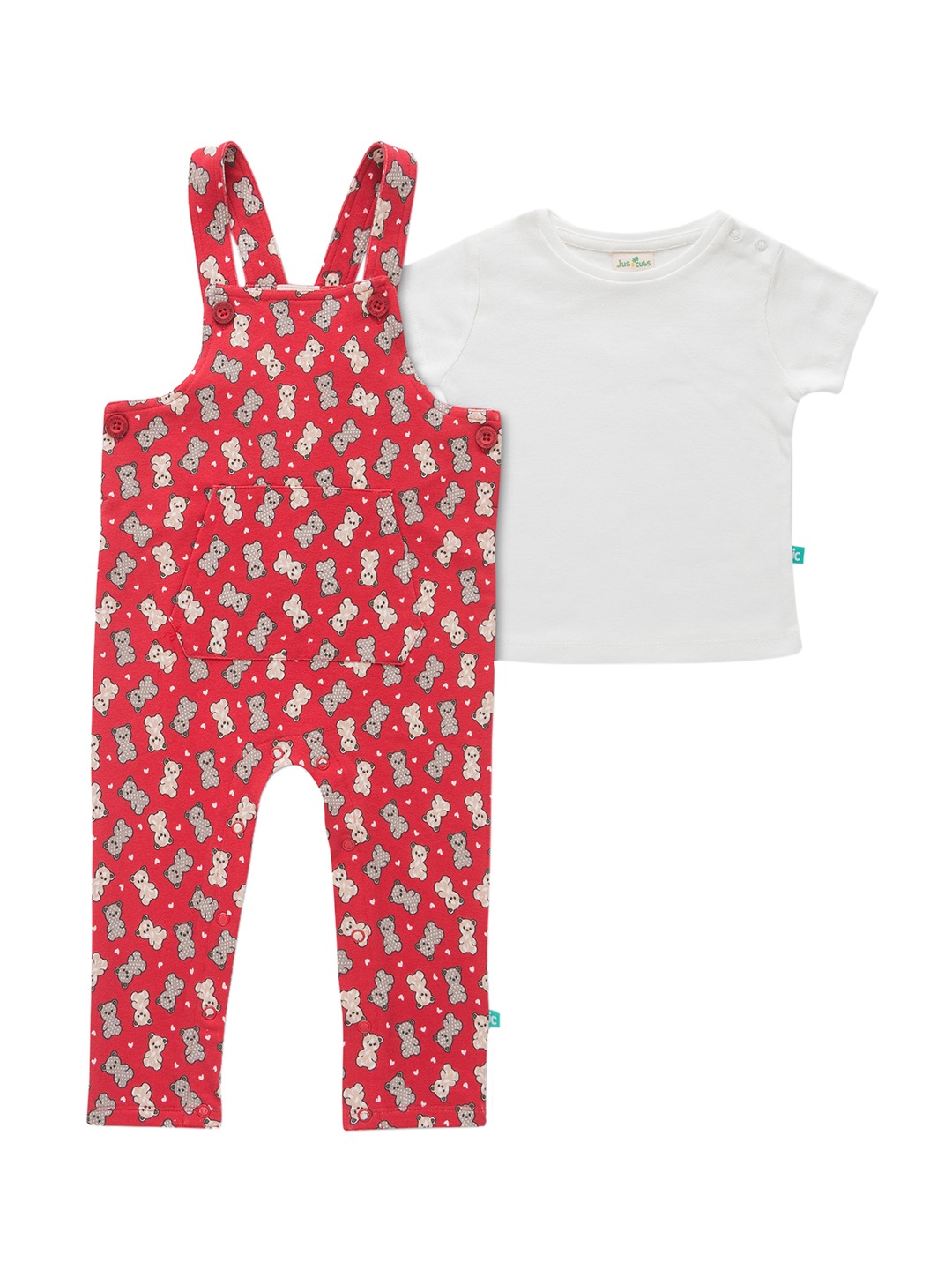 

JusCubs Infant Girls Conversational Printed Cotton Dungaree With T-Shirt, Red