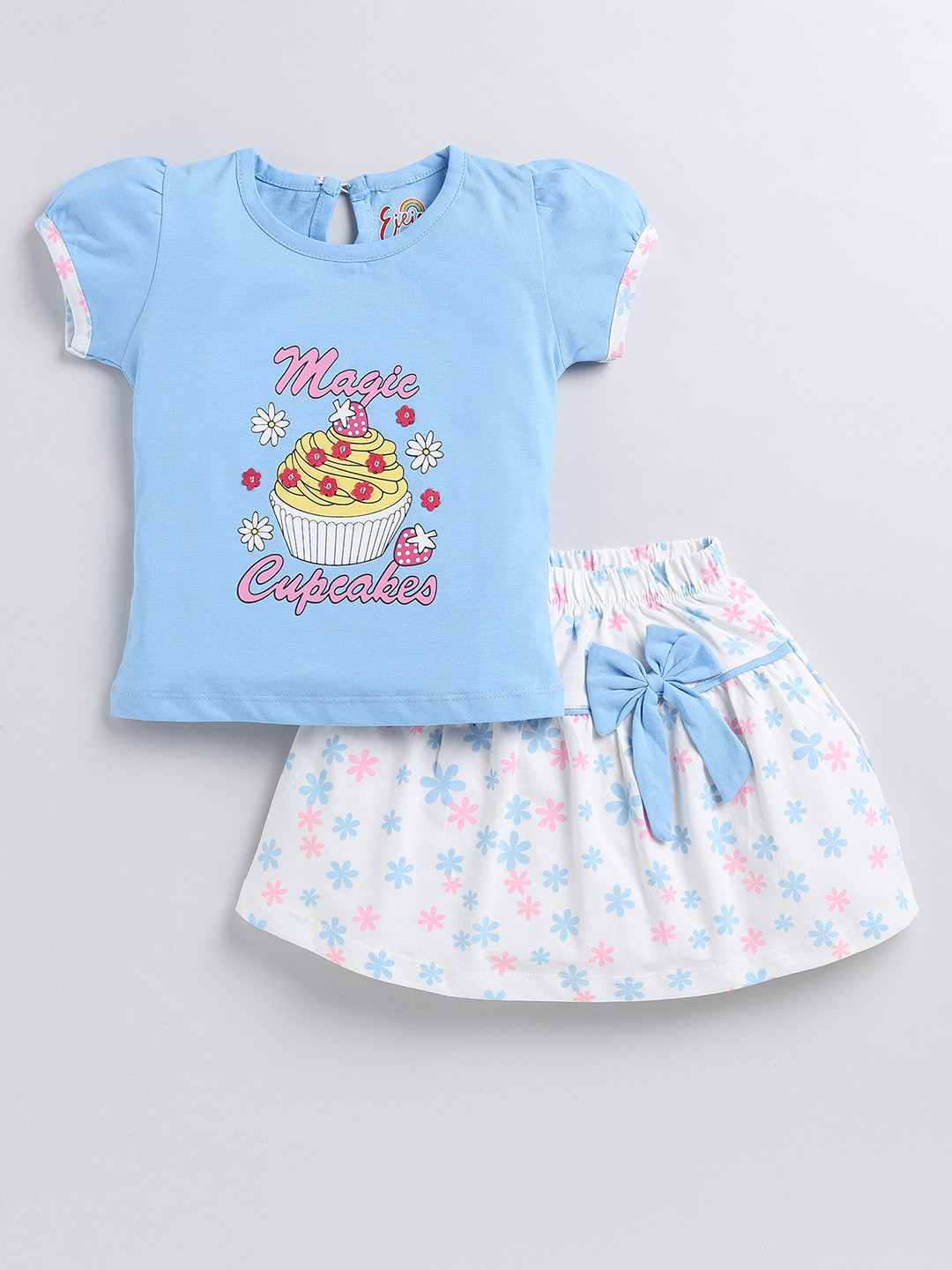 

Eieio Girls Graphic Printed Pure Cotton T-Shirt With Skirt, Blue