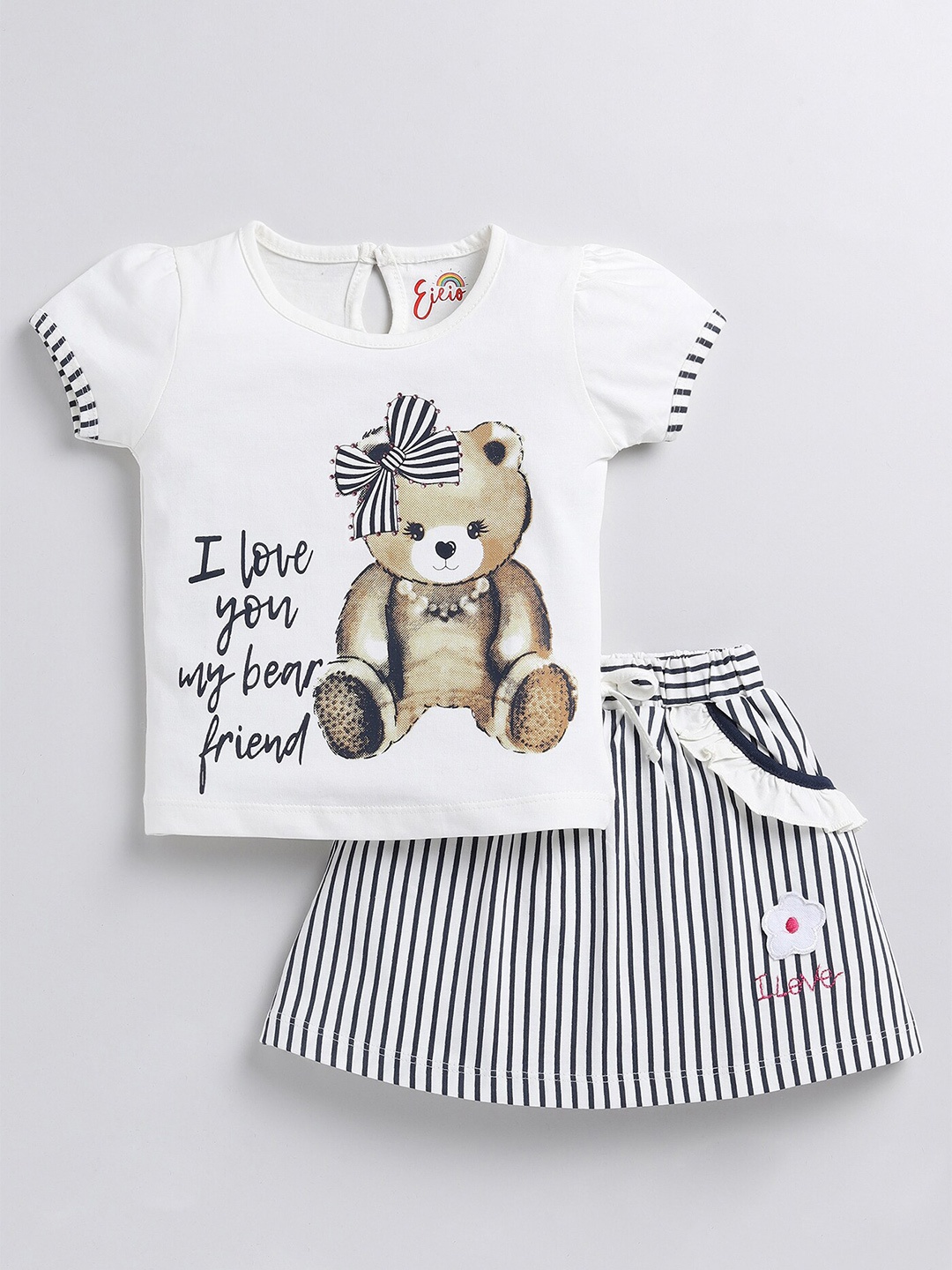 

Eieio Girls Graphic Printed Pure Cotton T-Shirt With Skirt, White