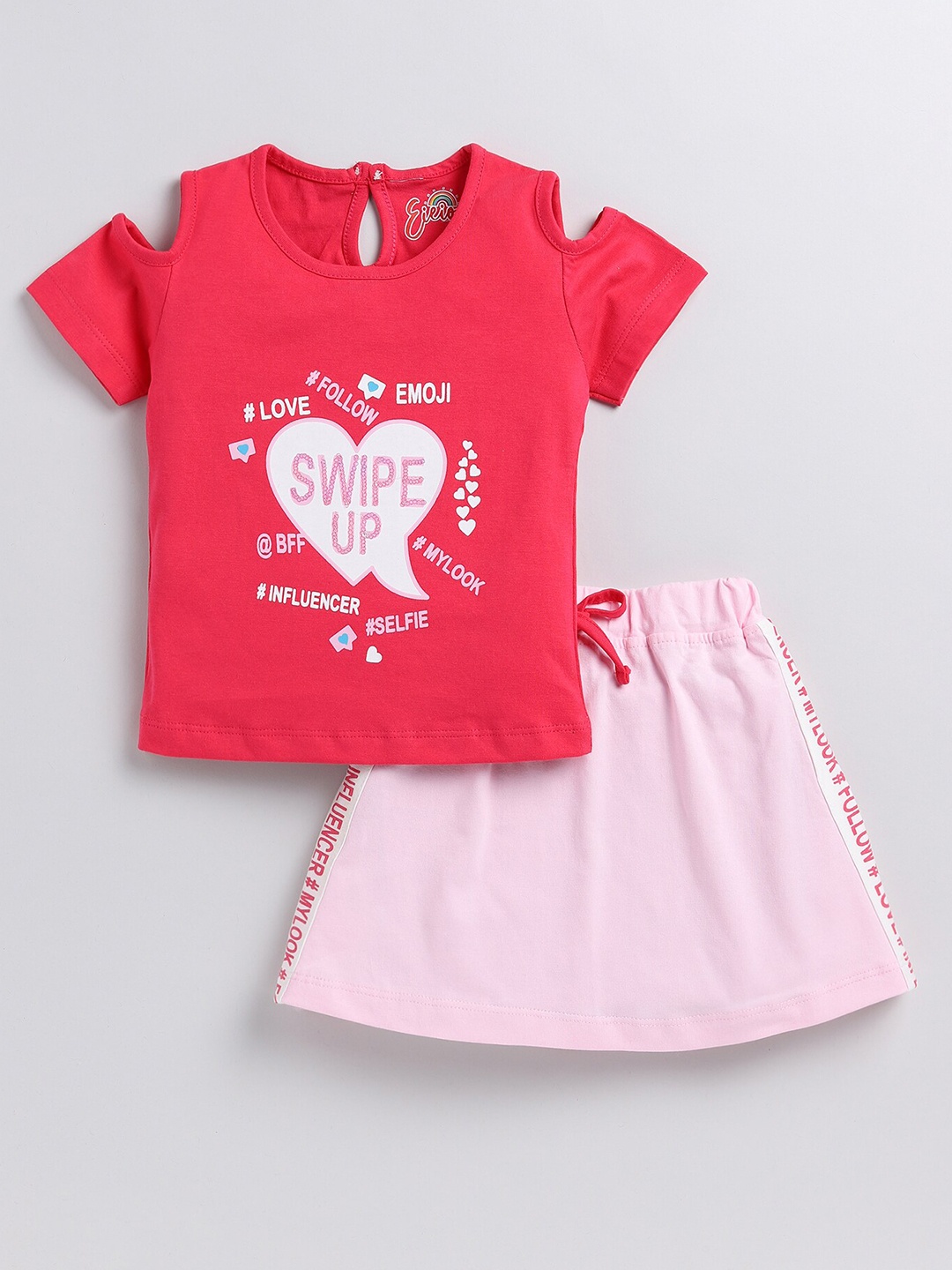 

Eieio Girls Graphic Printed Pure Cotton T-Shirt With Skirt, Pink