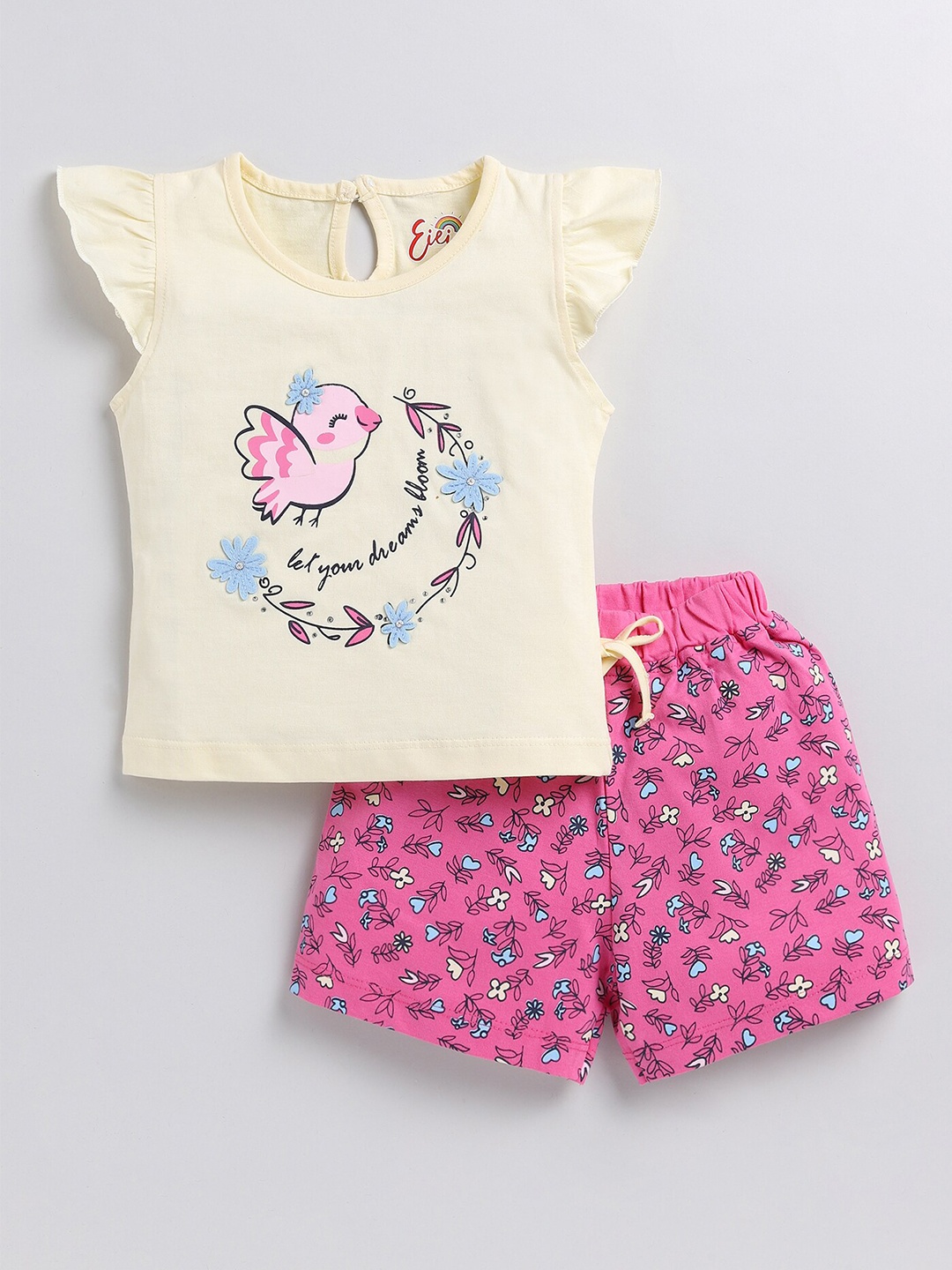 Eieio Girls Printed Flutter Sleeves Pure Cotton Top with Shorts, Pink