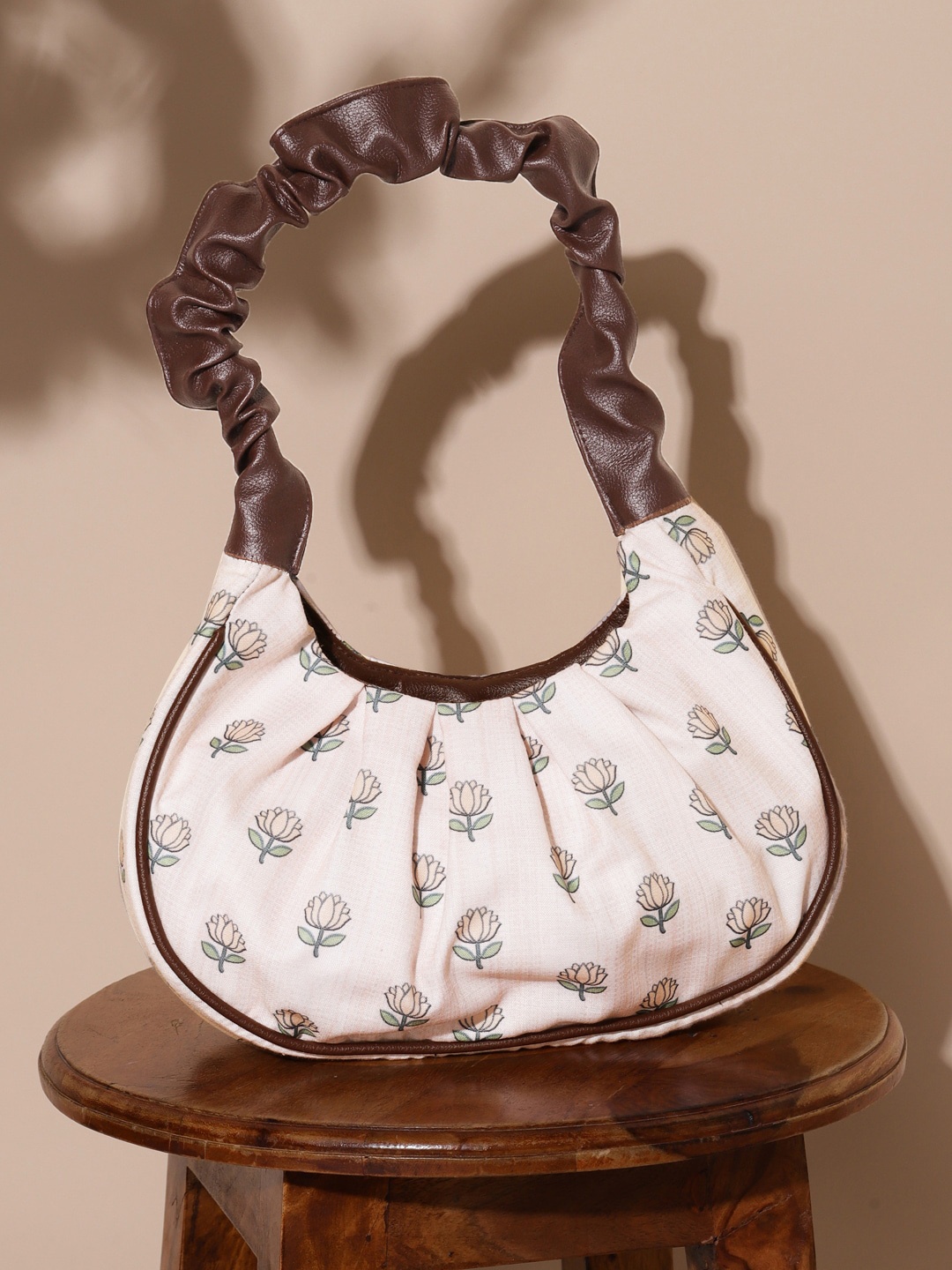 

DEEBACO Floral Printed Half Moon Handheld Bag, Beige