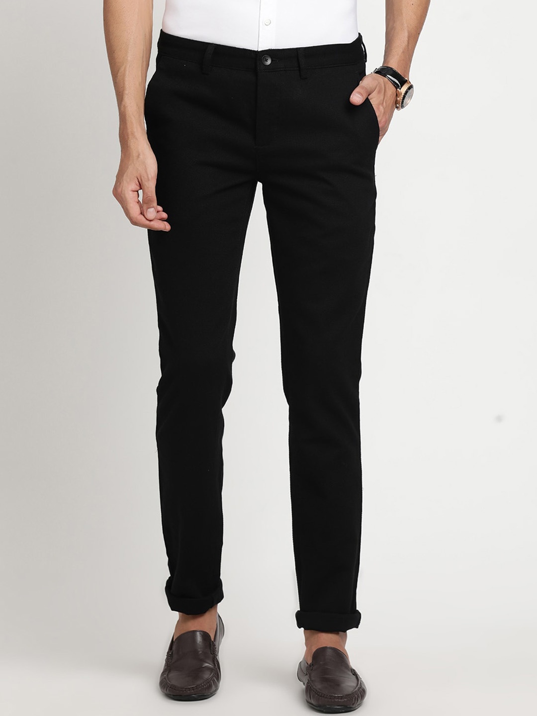 

Turtle Men Relaxed Skinny Fit Easy Wash Pure Cotton Chinos Trousers, Black