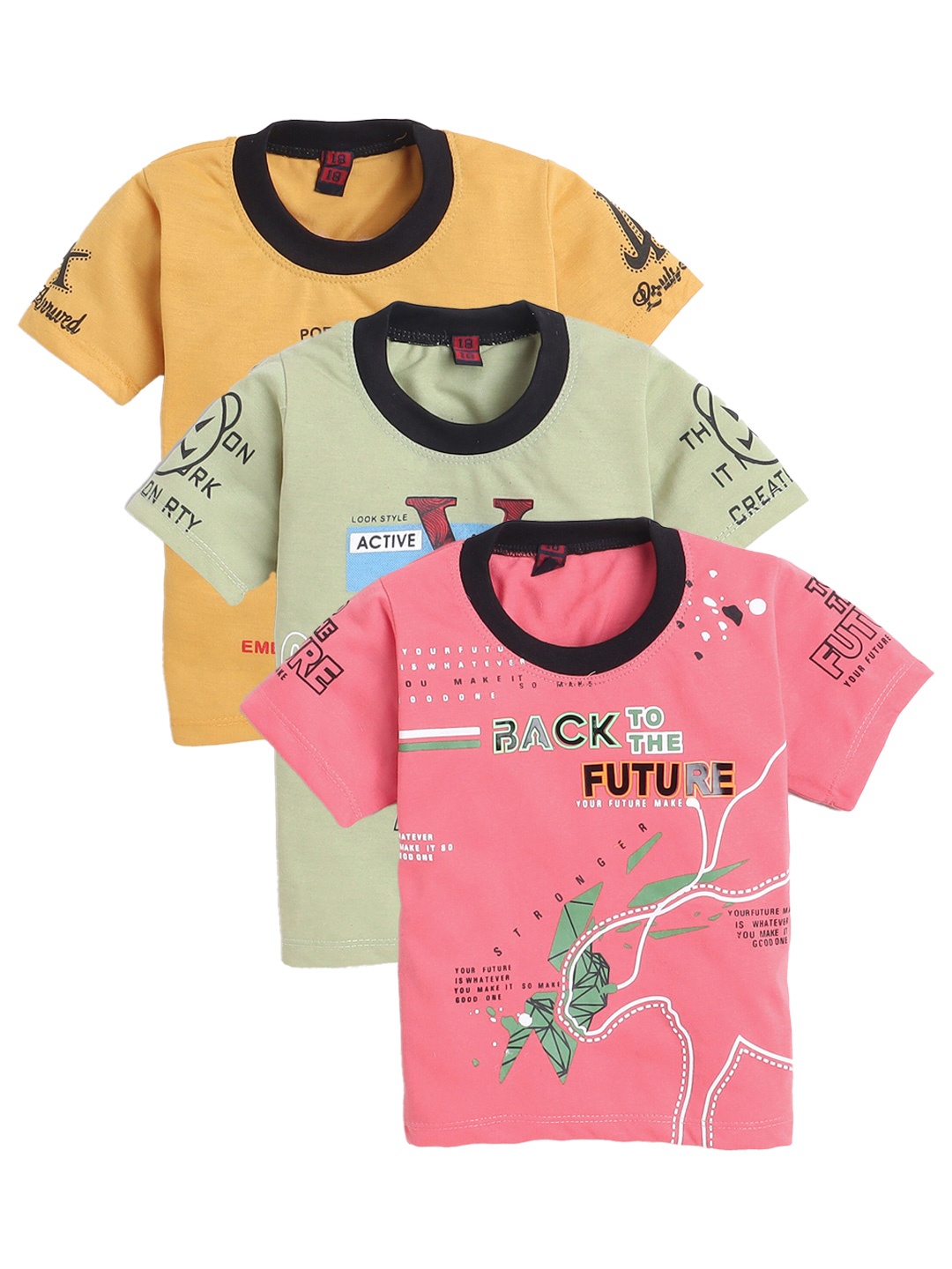 

FOURFOLDS Boys Pack of 3 Typography Printed Pure Cotton Regular T-shirts, Pink