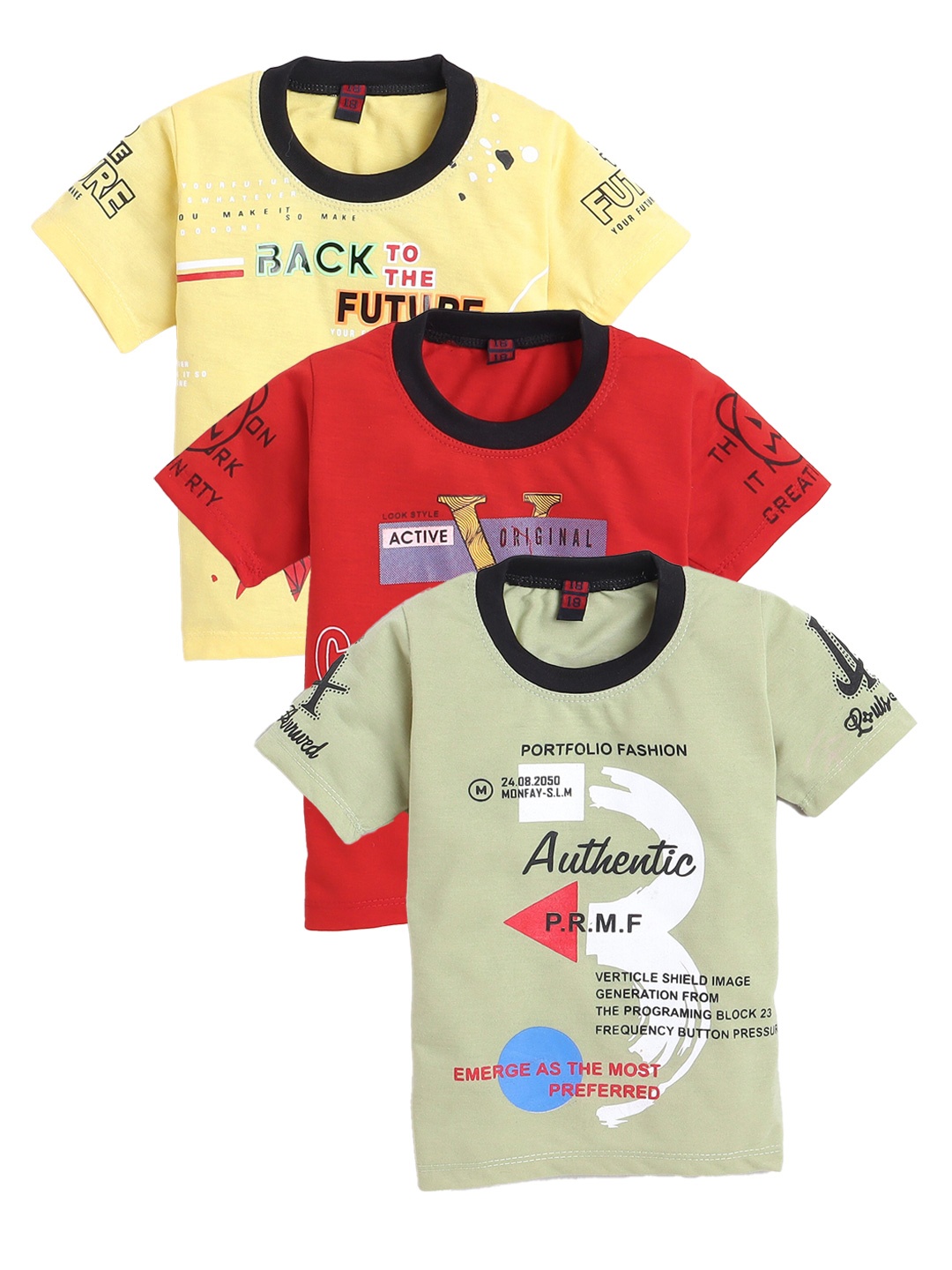 

FOURFOLDS Boys Pack Of 3 Typography Printed Pure Cotton Regular T-shirt, Olive