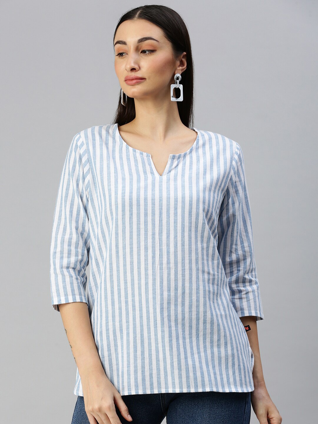 

Bareblow Striped Notched Neck Cotton Top, Turquoise blue