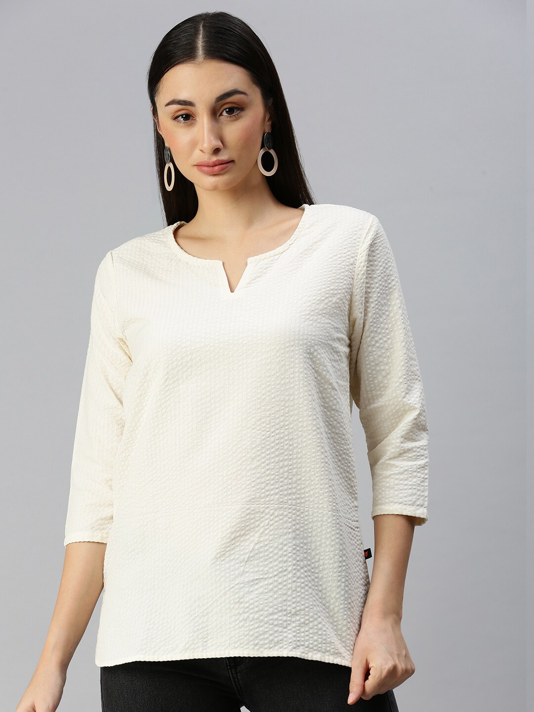 

Bareblow Self Design Notched Neck Cotton Top, Cream