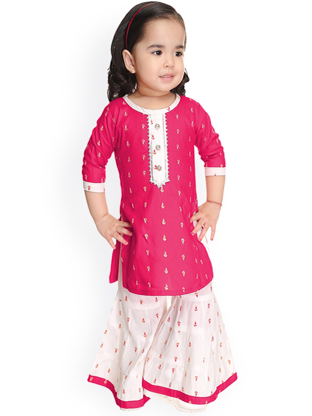 

BAESD Girls Ethnic Motifs Printed Gotta Patti Kurta With Sharara, Pink