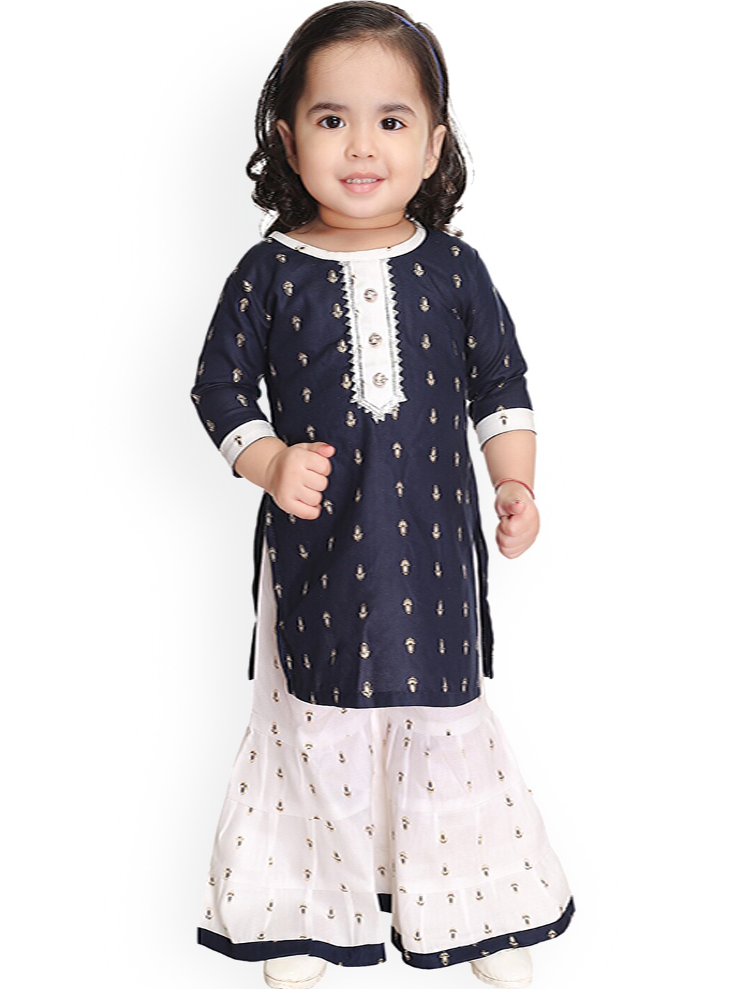 

BAESD Girls Ethnic Motifs Printed Gotta Patti Kurta With Sharara, Navy blue