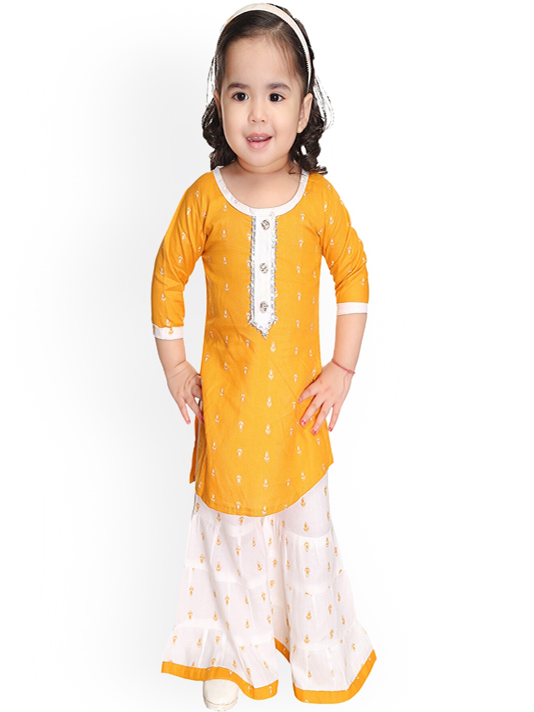 

BAESD Girls Ethnic Motifs Printed Gotta Patti Kurta With Sharara, Yellow