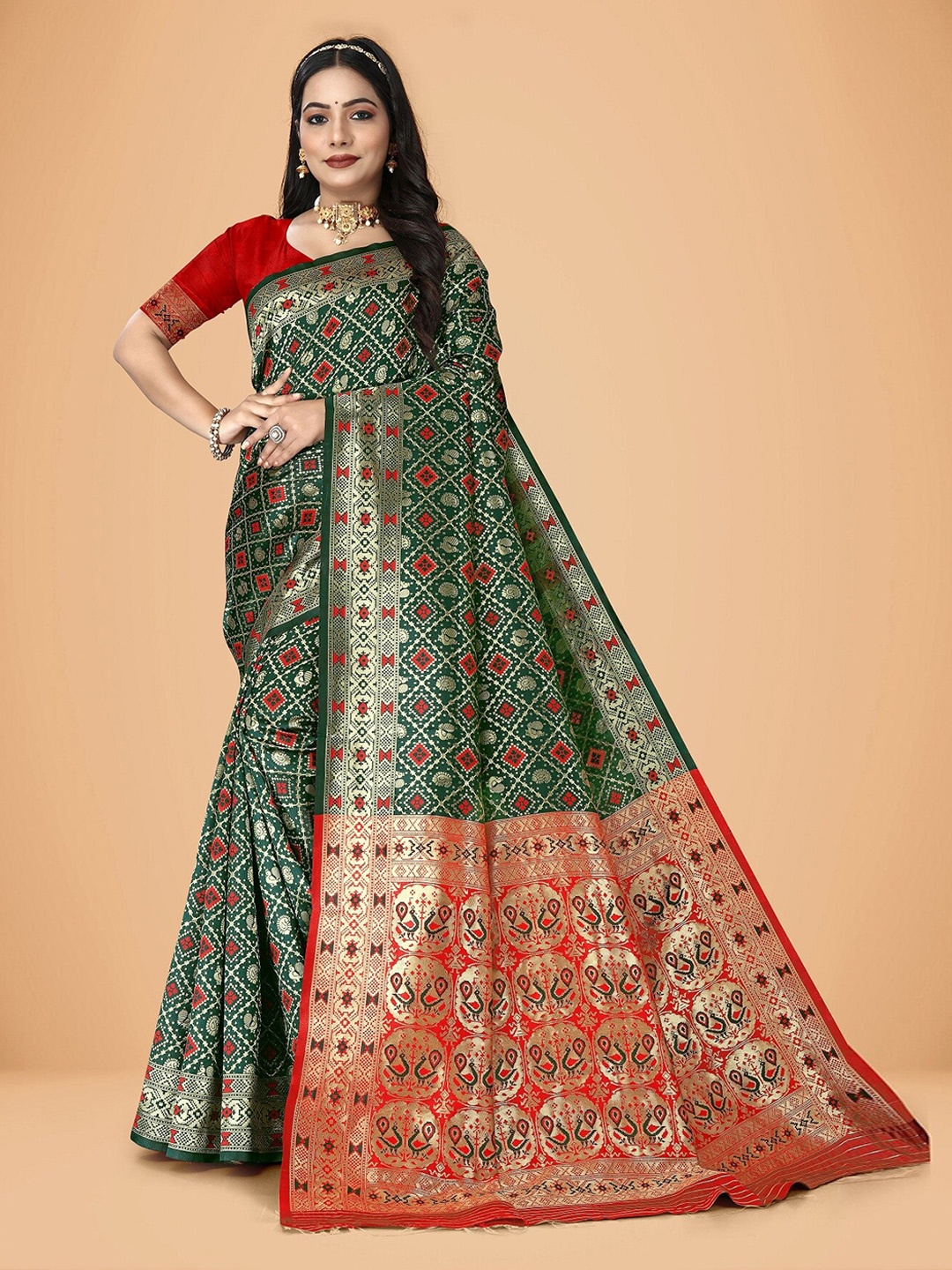 

Rivana Ethnic Motifs Woven Design Zari Patola Saree, Green