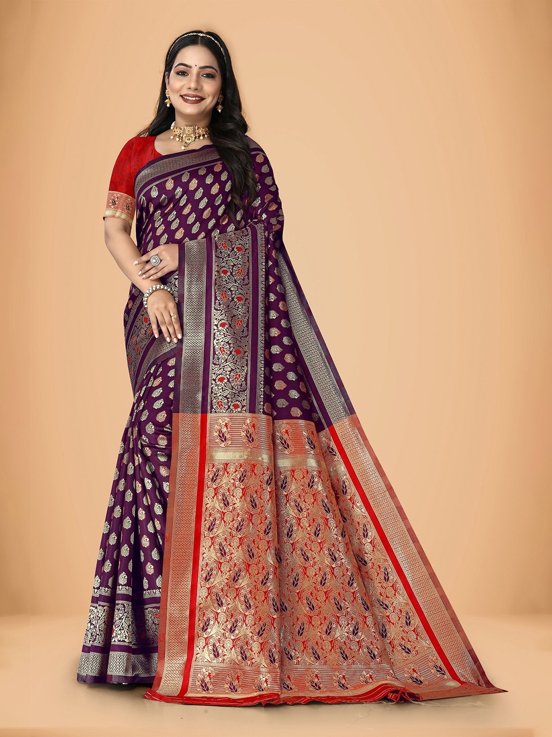 

Rivana Ethnic Motifs Woven Design Zari Banarasi Saree, Purple