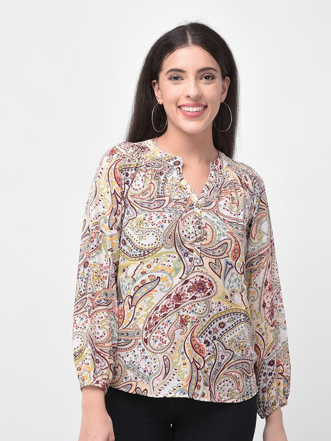 

250 DESIGNS Paisley Print Mandarin Collar Georgette Top, Beige