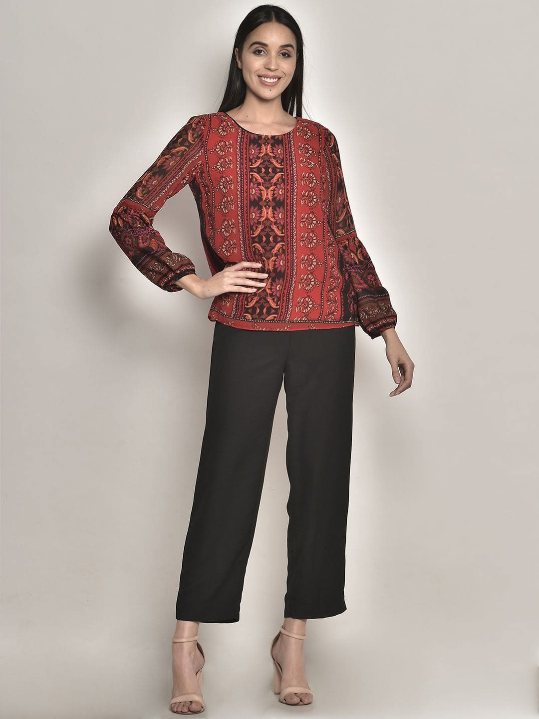 

250 DESIGNS Ethnic Print Balloon Sleeve Georgette Top, Red