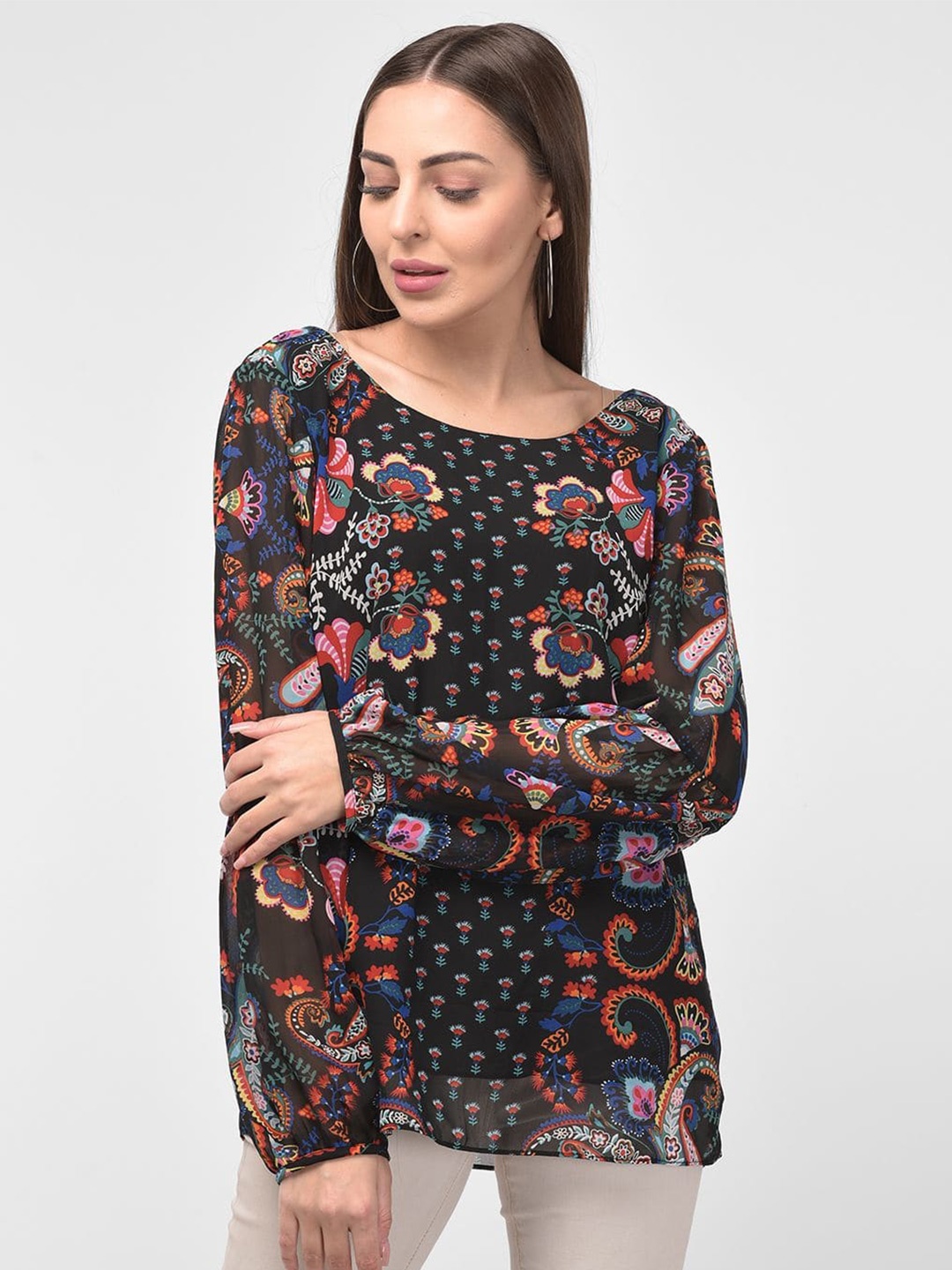 

250 DESIGNS Ethnic Printed Puff Sleeve Regular Top, Black