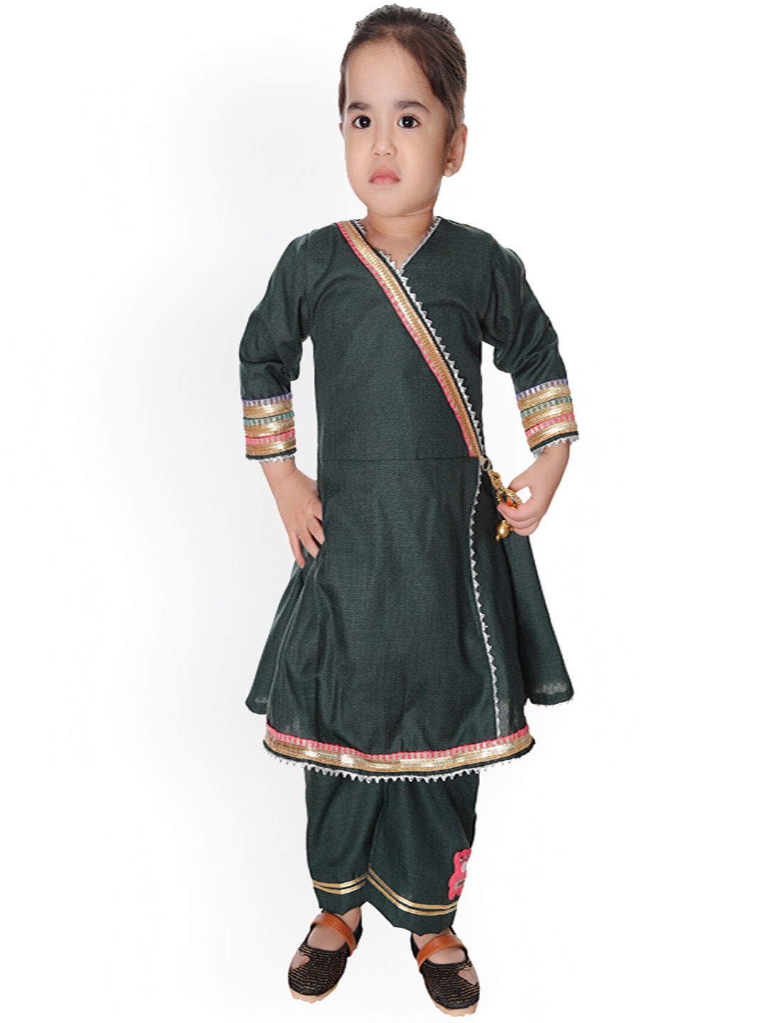 

BAESD Girls Gotta Patti Pure Silk Angrakha Kurta With Palazzos, Green