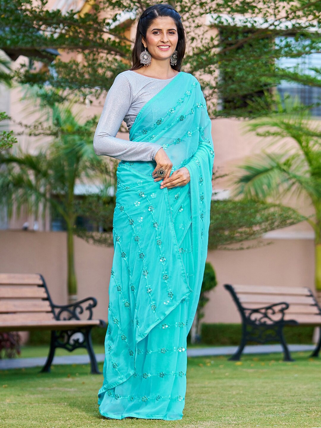 

Mitera Turquoise Blue & Grey Sequinned Embellished Saree