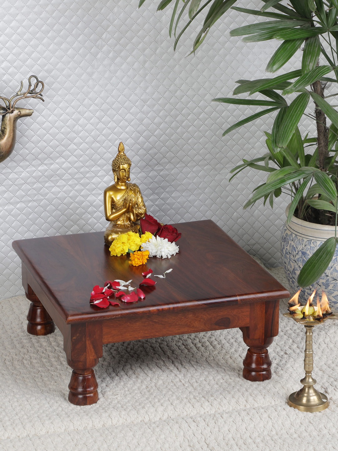 

GLOBALLY INDIAN Brown Square Wooden Pooja Chowkie